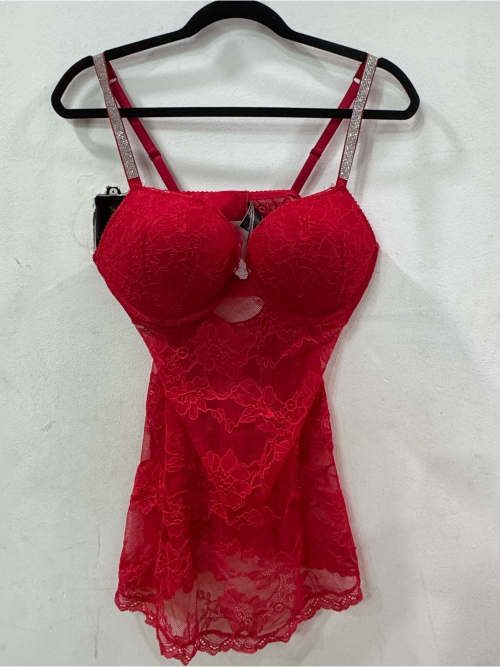 Victorias Secret Red Lace Shine Strap Underwire Babydoll Chemise Slip Large